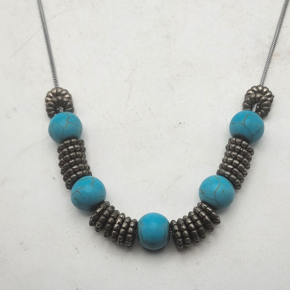 Turquoise Color Bead Necklace Silver Tone Snake Chain Western Boho Adjustable